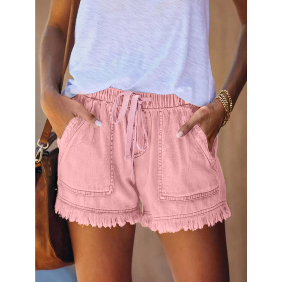 Full Size Drawstring Frayed Hem Denim Shorts Plus Pink / XS Apparel and Accessories
