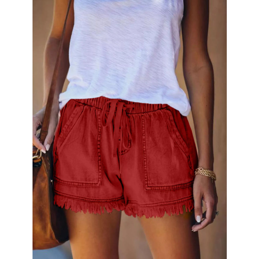 Full Size Drawstring Frayed Hem Denim Shorts Plus Red / XS Apparel and Accessories
