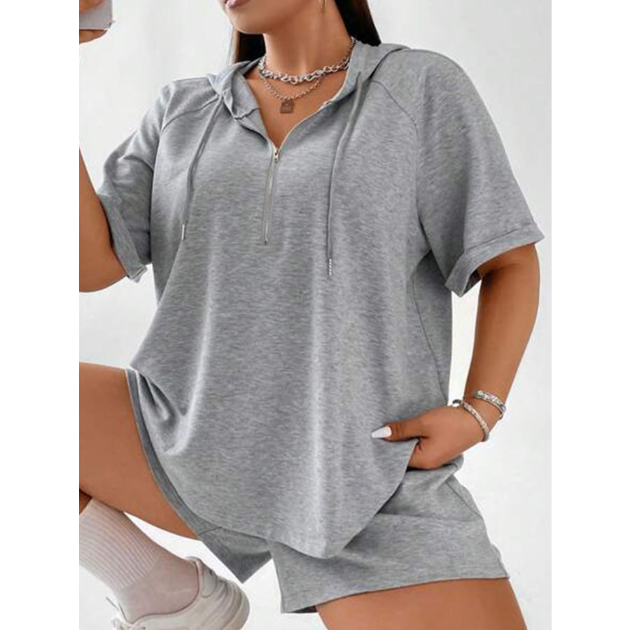 Full Size Drawstring Half Zip Hooded Top and Shorts Set Plus Size Apparel and Accessories