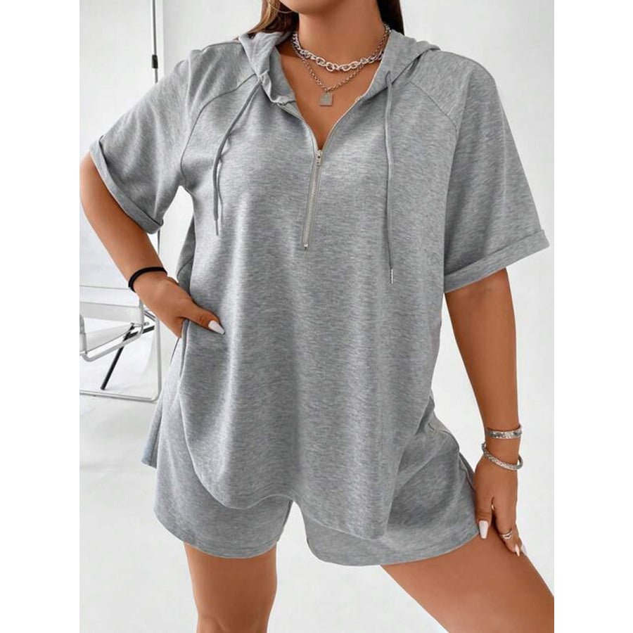 Full Size Drawstring Half Zip Hooded Top and Shorts Set Plus Size Gray / S Apparel and Accessories