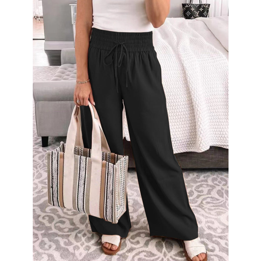 Full Size Drawstring High Waist Wide Leg Pants Black / S Apparel and Accessories