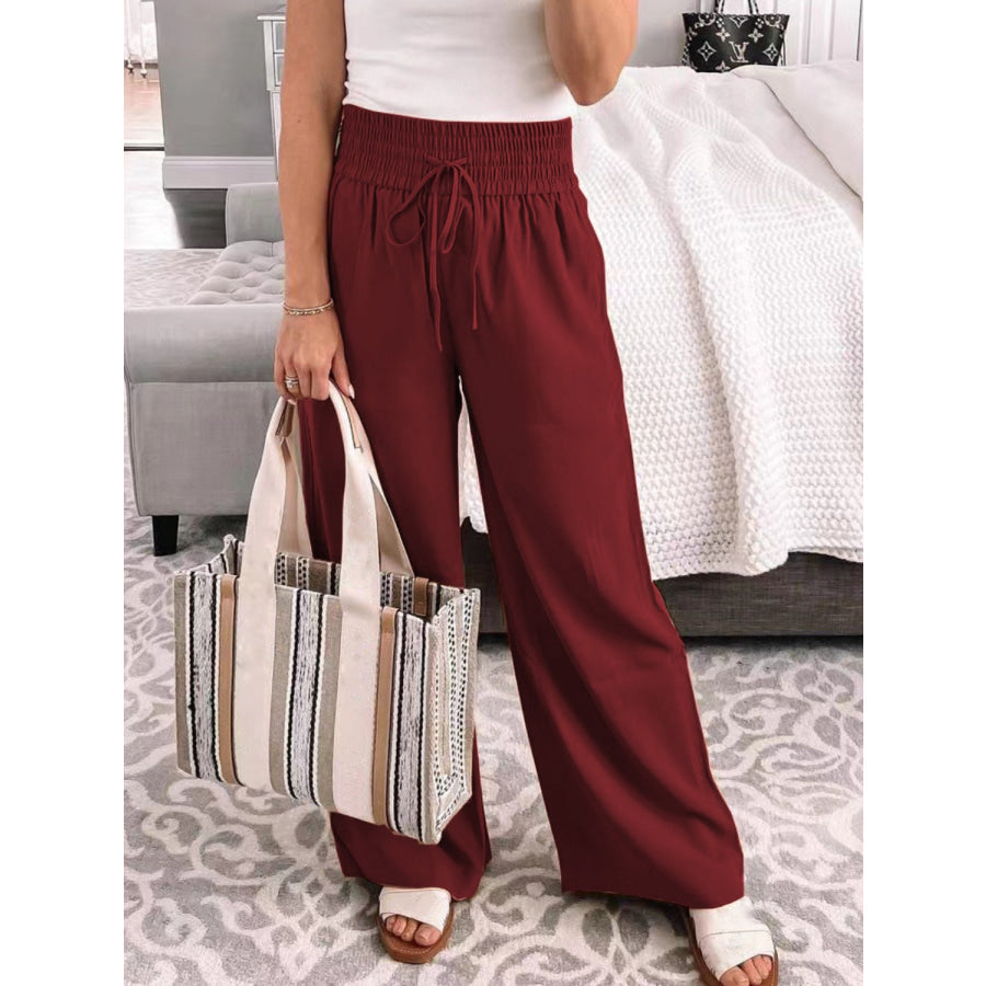 Full Size Drawstring High Waist Wide Leg Pants Burgundy / S Apparel and Accessories