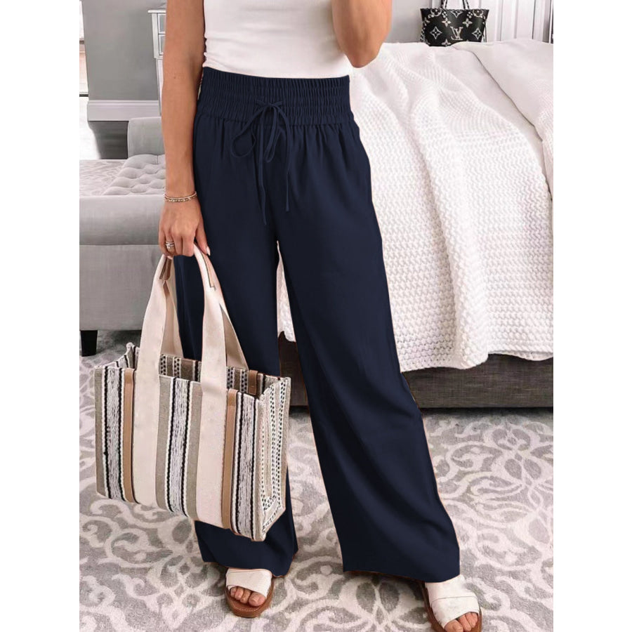 Full Size Drawstring High Waist Wide Leg Pants Navy / S Apparel and Accessories