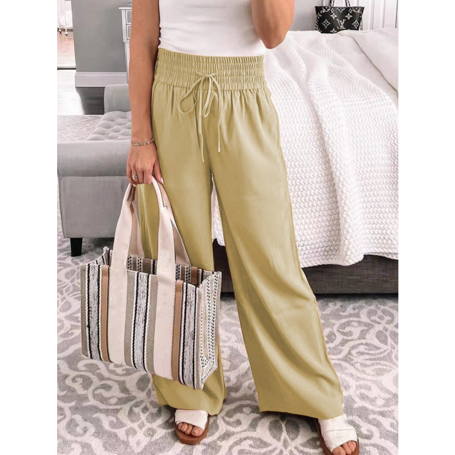 Full Size Drawstring High Waist Wide Leg Pants Tan / S Apparel and Accessories
