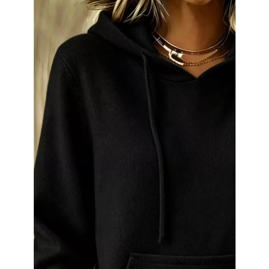 Full Size Drawstring Kangaroo Pocket Hooded Sweater Plus Apparel and Accessories