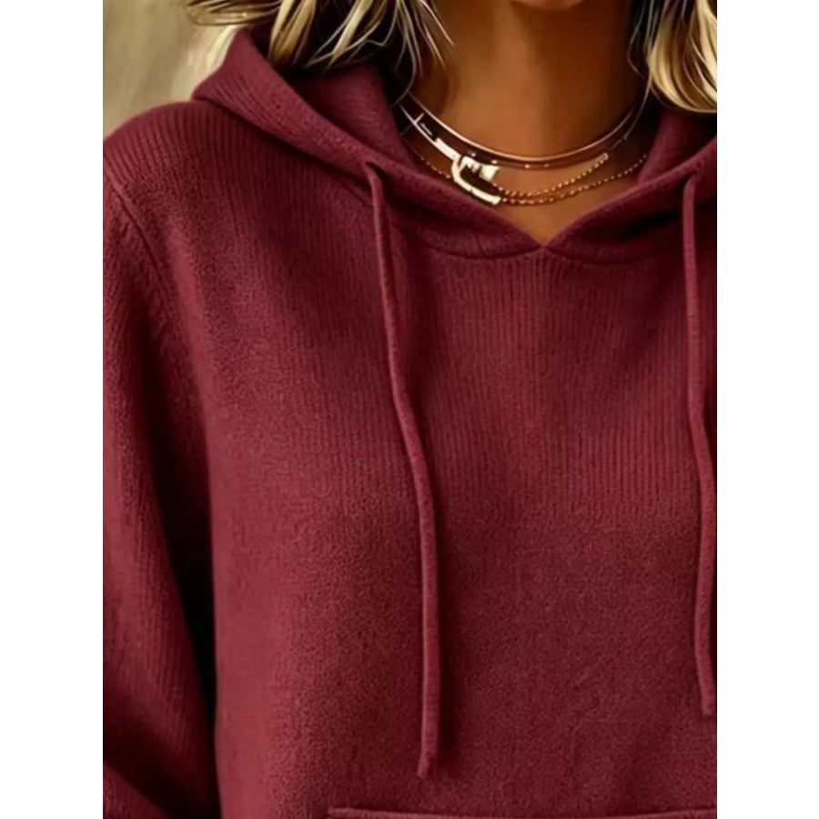 Full Size Drawstring Kangaroo Pocket Hooded Sweater Plus Apparel and Accessories