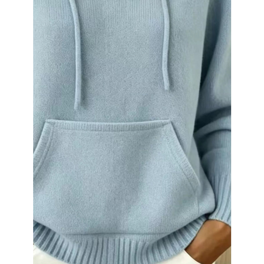 Full Size Drawstring Kangaroo Pocket Hooded Sweater Plus Apparel and Accessories