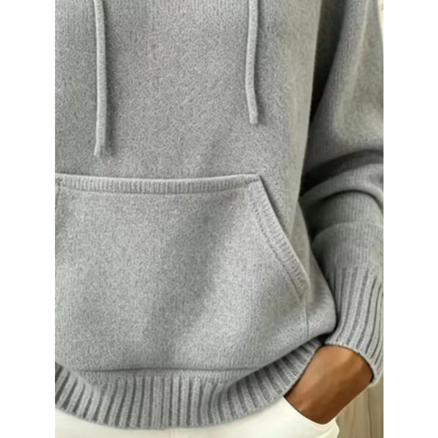 Full Size Drawstring Kangaroo Pocket Hooded Sweater Plus Apparel and Accessories