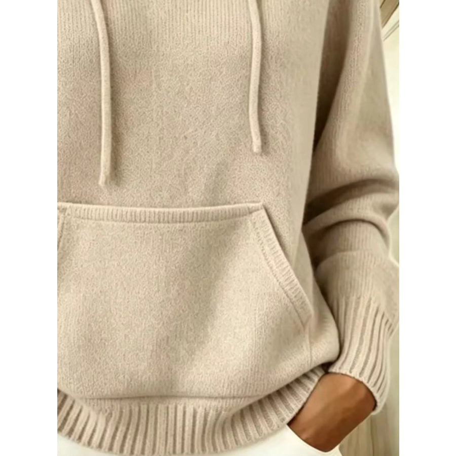 Full Size Drawstring Kangaroo Pocket Hooded Sweater Plus Apparel and Accessories