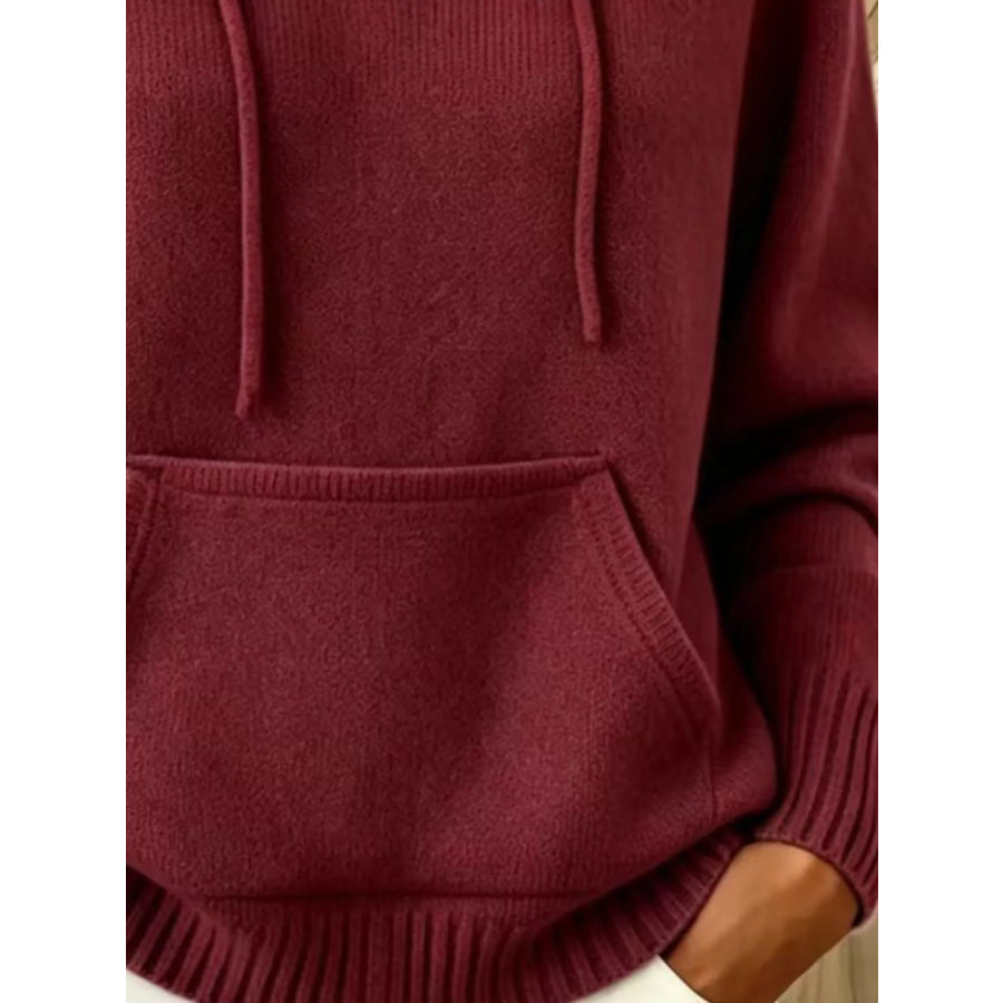 Full Size Drawstring Kangaroo Pocket Hooded Sweater Plus Apparel and Accessories