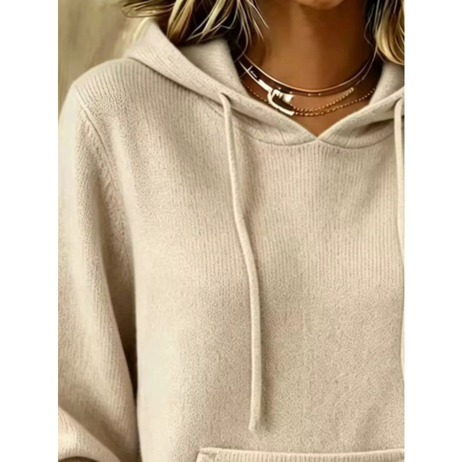 Full Size Drawstring Kangaroo Pocket Hooded Sweater Plus Apparel and Accessories