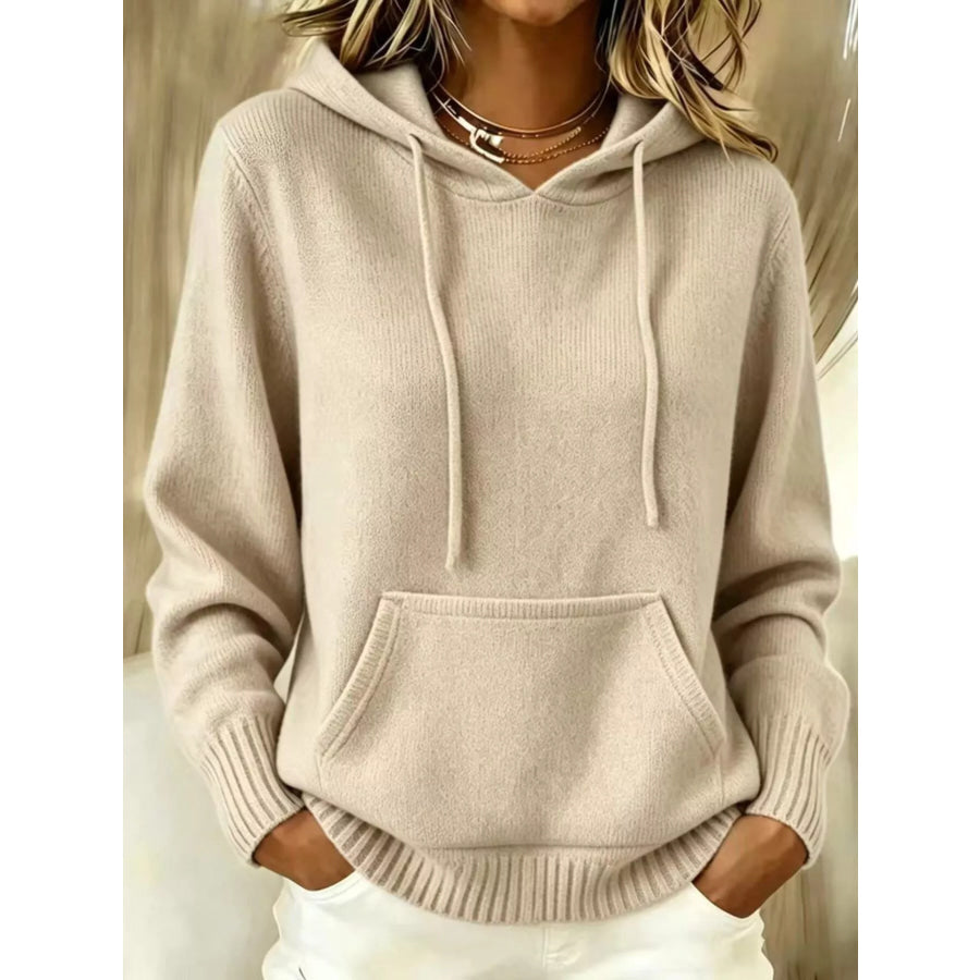 Full Size Drawstring Kangaroo Pocket Hooded Sweater Plus Apricot / S Apparel and Accessories