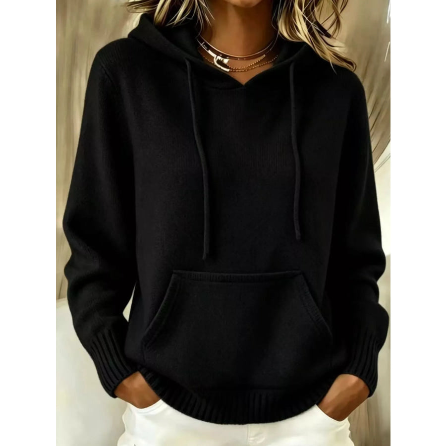Full Size Drawstring Kangaroo Pocket Hooded Sweater Plus Black / S Apparel and Accessories
