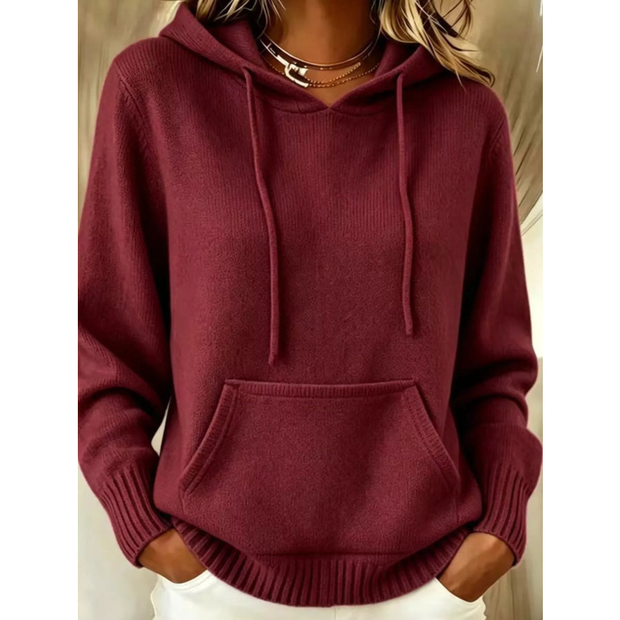 Full Size Drawstring Kangaroo Pocket Hooded Sweater Plus Burgundy / S Apparel and Accessories