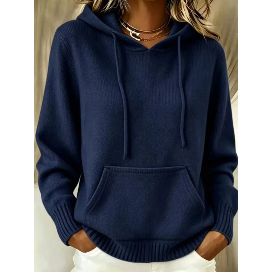 Full Size Drawstring Kangaroo Pocket Hooded Sweater Plus Dark Navy / S Apparel and Accessories
