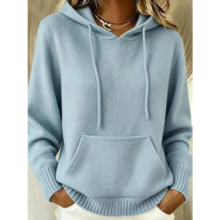 Full Size Drawstring Kangaroo Pocket Hooded Sweater Plus Light Blue / S Apparel and Accessories