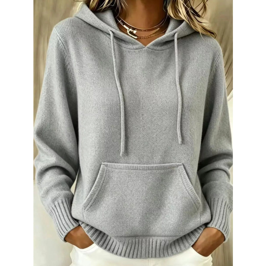 Full Size Drawstring Kangaroo Pocket Hooded Sweater Plus Light Gray / S Apparel and Accessories
