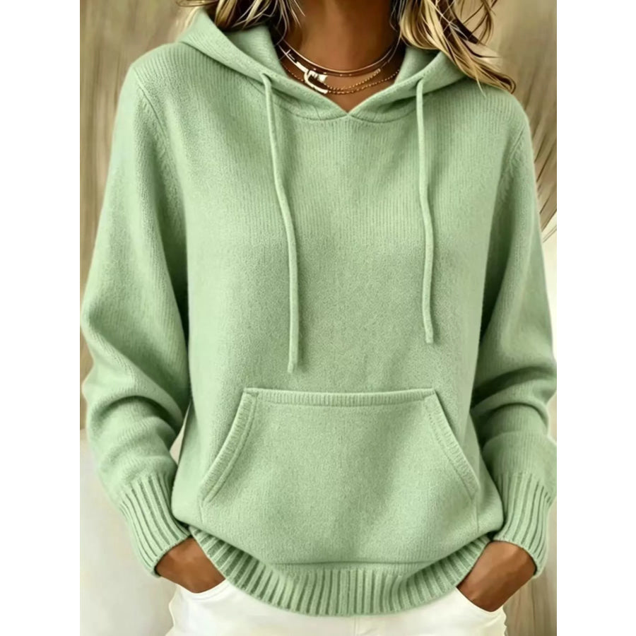 Full Size Drawstring Kangaroo Pocket Hooded Sweater Plus Light Green / S Apparel and Accessories