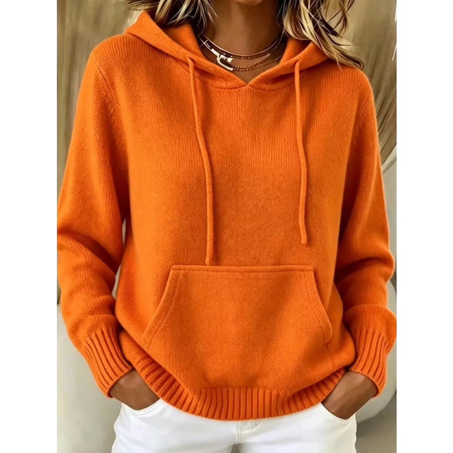 Full Size Drawstring Kangaroo Pocket Hooded Sweater Plus Orange / S Apparel and Accessories