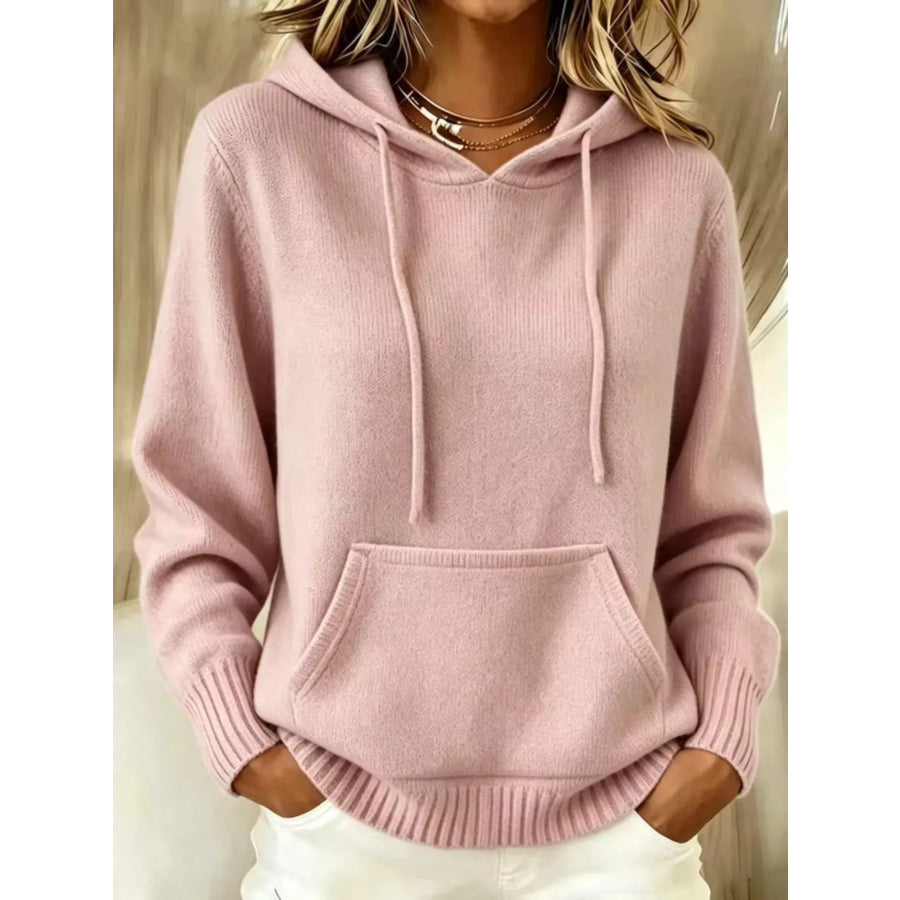Full Size Drawstring Kangaroo Pocket Hooded Sweater Plus Pale Blush / S Apparel and Accessories
