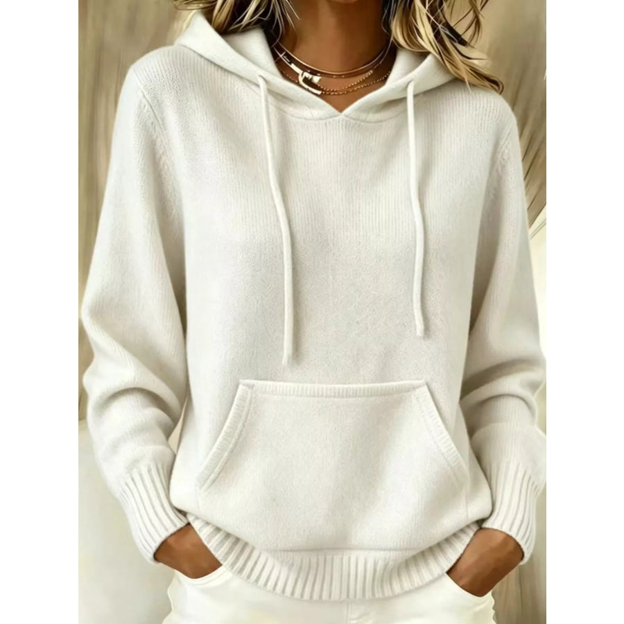 Full Size Drawstring Kangaroo Pocket Hooded Sweater Plus White / S Apparel and Accessories