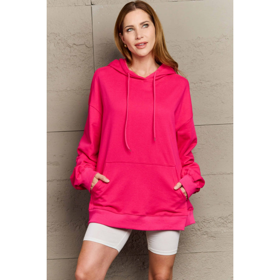 Full Size Drawstring Long Sleeve Hoodie Deep Rose / S Apparel and Accessories