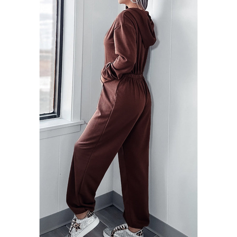 Full Size Drawstring Long Sleeve Jumpsuit Brown / S Apparel and Accessories