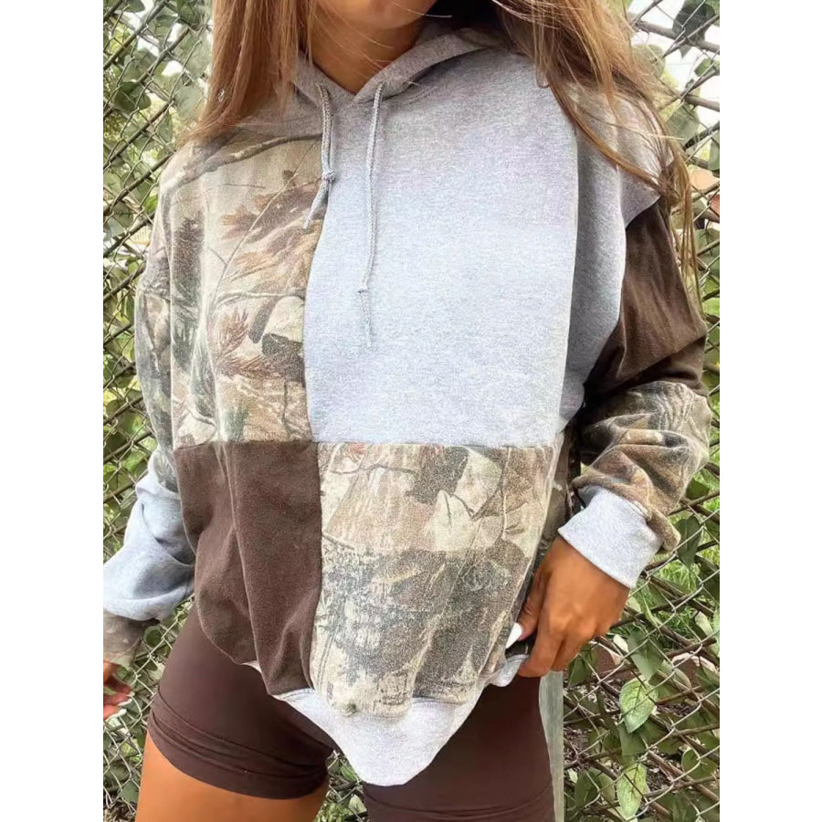 Full Size Drawstring Patchwork Long Sleeve Hoodie Gray / S Apparel and Accessories