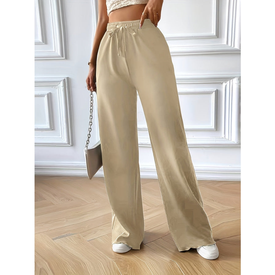 Full Size Drawstring Pocketed Wide Leg Pants Tan / S Apparel and Accessories