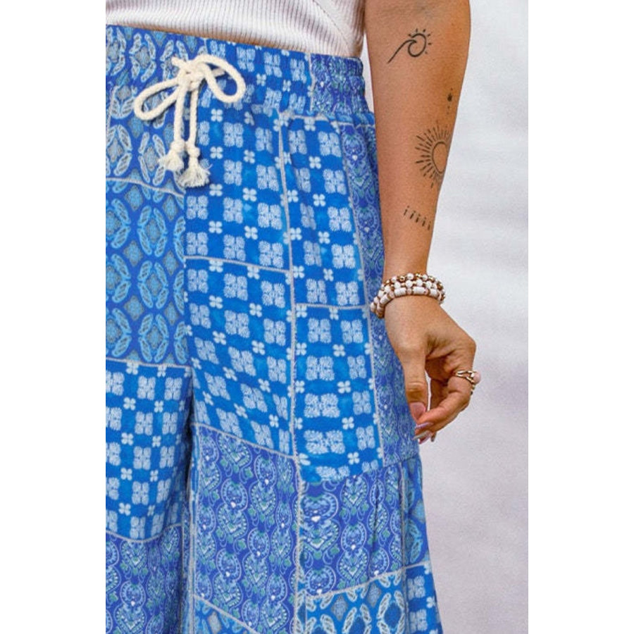 Full Size Drawstring Printed Wide Leg Pants Apparel and Accessories