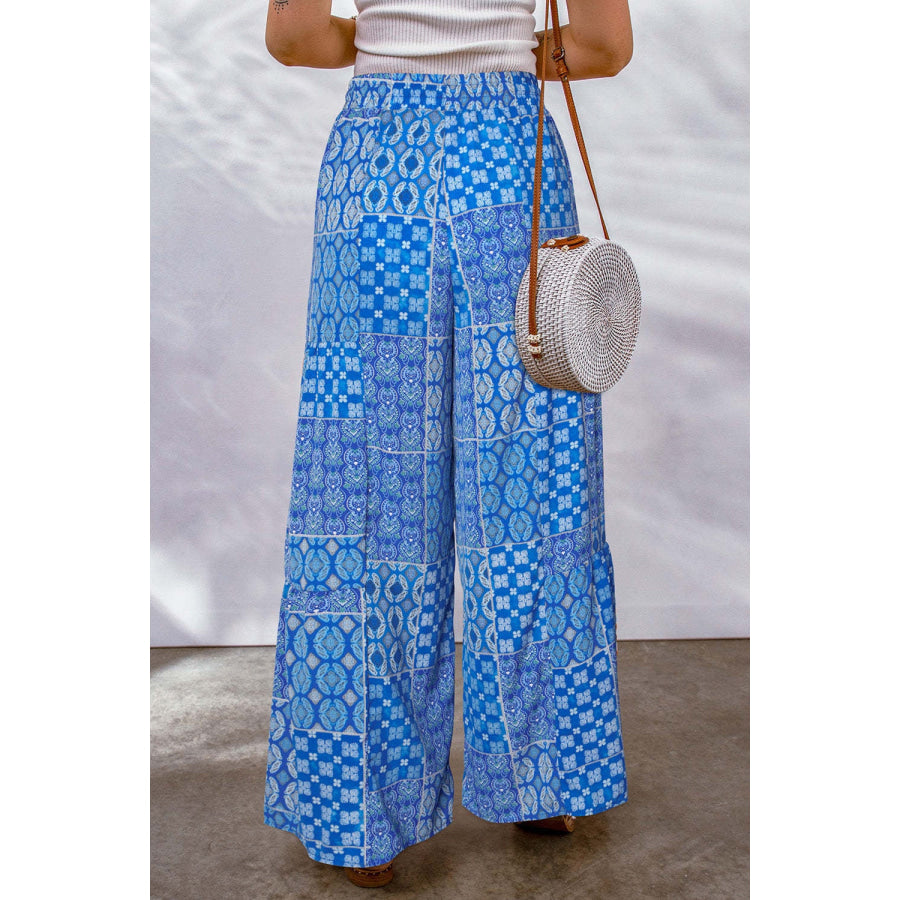 Full Size Drawstring Printed Wide Leg Pants Apparel and Accessories