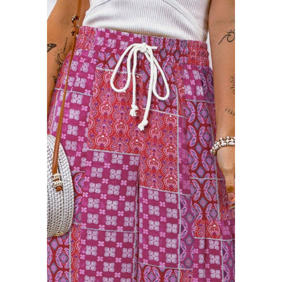 Full Size Drawstring Printed Wide Leg Pants Apparel and Accessories