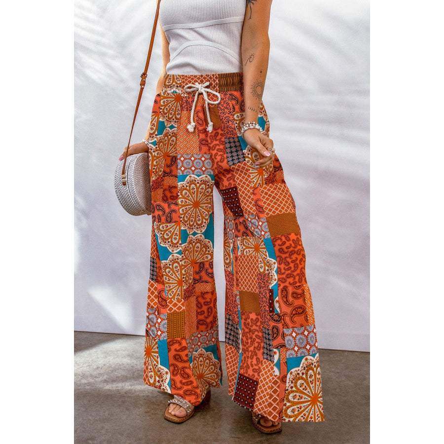 Full Size Drawstring Printed Wide Leg Pants Apparel and Accessories