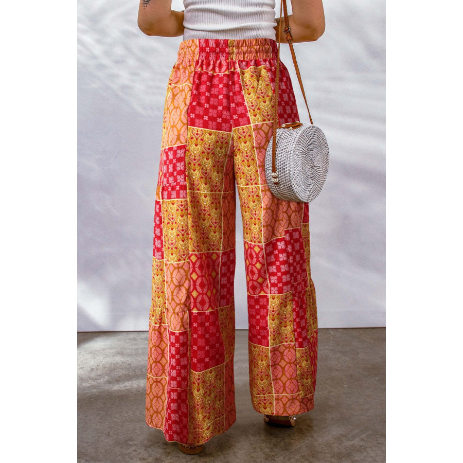 Full Size Drawstring Printed Wide Leg Pants Apparel and Accessories