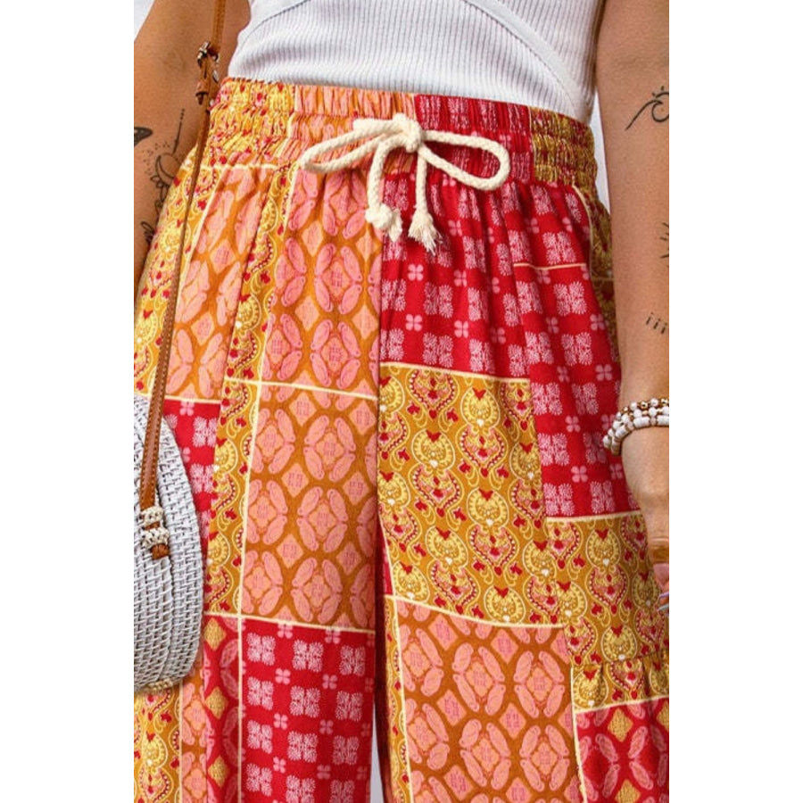 Full Size Drawstring Printed Wide Leg Pants Apparel and Accessories