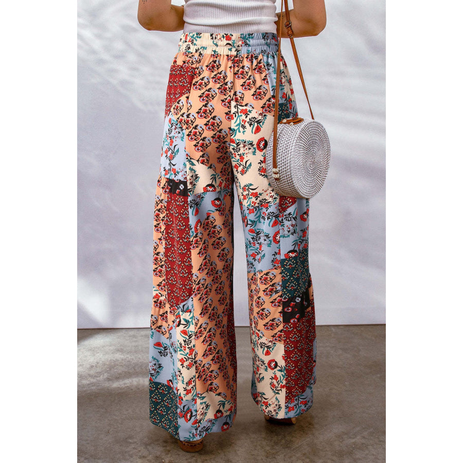 Full Size Drawstring Printed Wide Leg Pants Apparel and Accessories