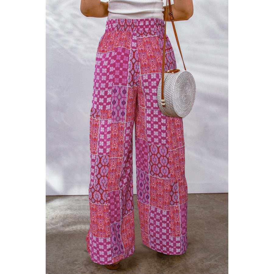 Full Size Drawstring Printed Wide Leg Pants Apparel and Accessories