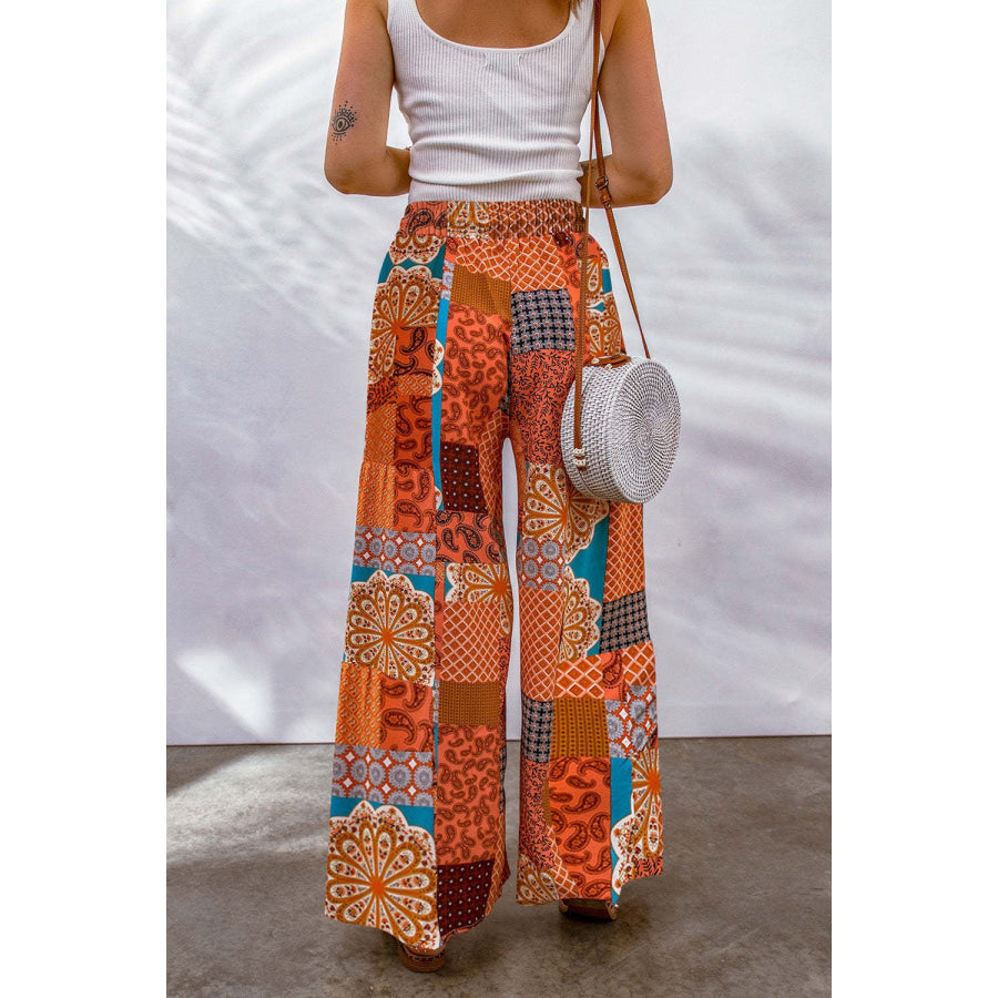 Full Size Drawstring Printed Wide Leg Pants Apparel and Accessories