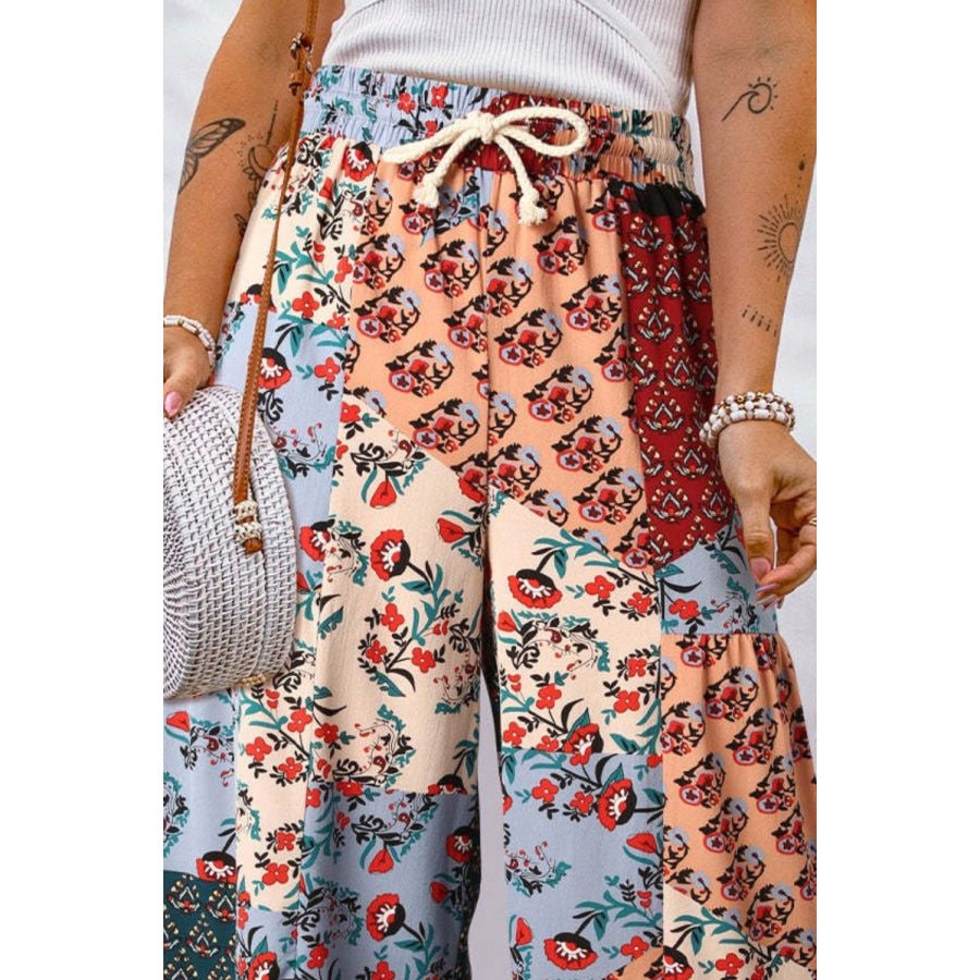 Full Size Drawstring Printed Wide Leg Pants Apparel and Accessories