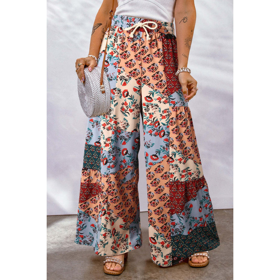 Full Size Drawstring Printed Wide Leg Pants Apricot / S Apparel and Accessories