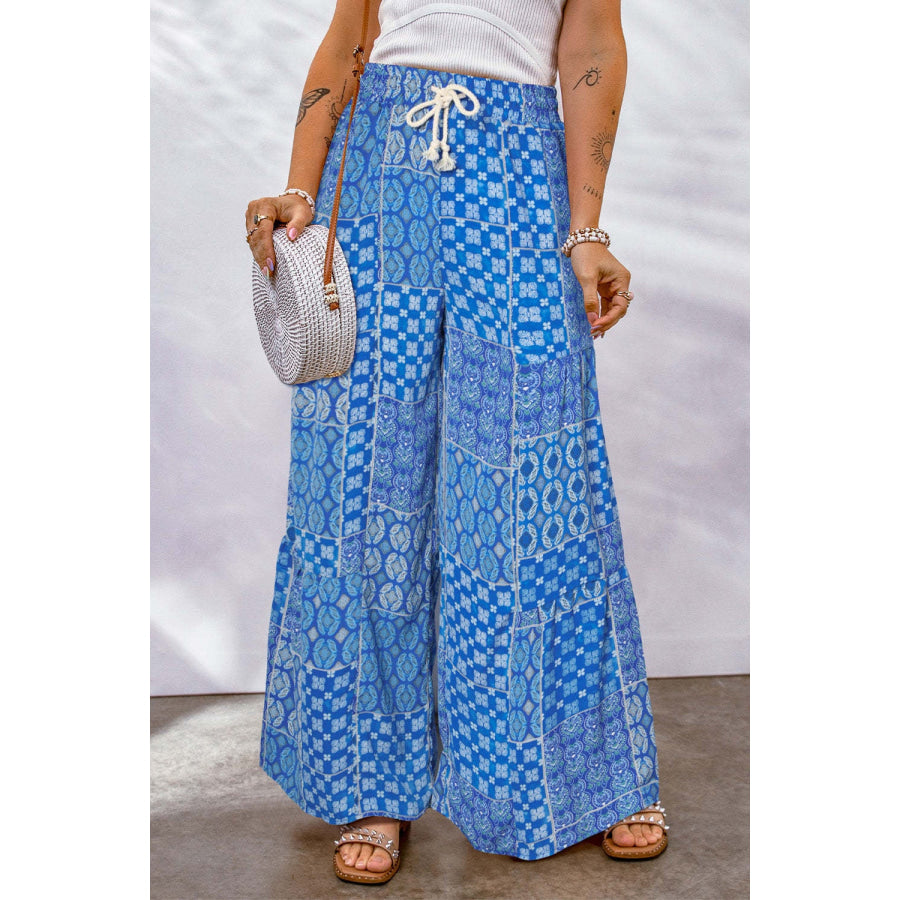 Full Size Drawstring Printed Wide Leg Pants Blue / S Apparel and Accessories