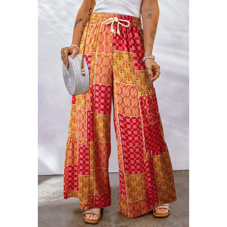 Full Size Drawstring Printed Wide Leg Pants Deep Red / S Apparel and Accessories