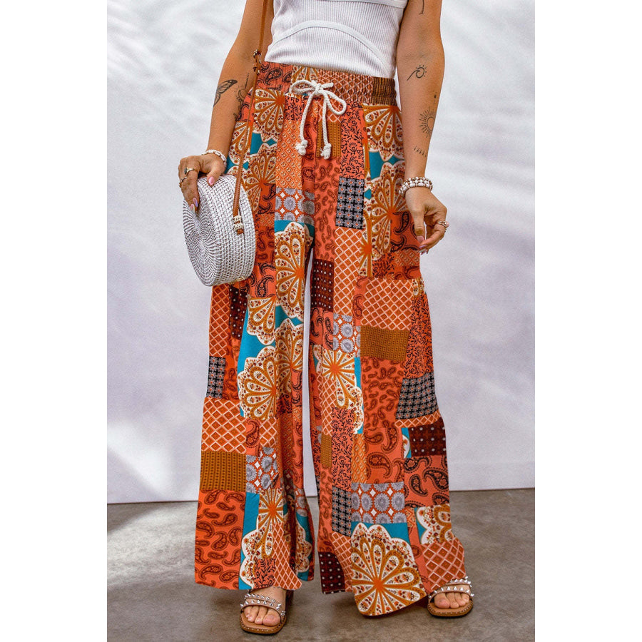 Full Size Drawstring Printed Wide Leg Pants Ochre / S Apparel and Accessories