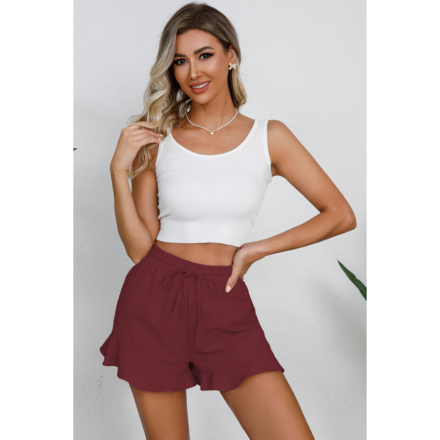 Full Size Drawstring Ruffle Hem Shorts Apparel and Accessories