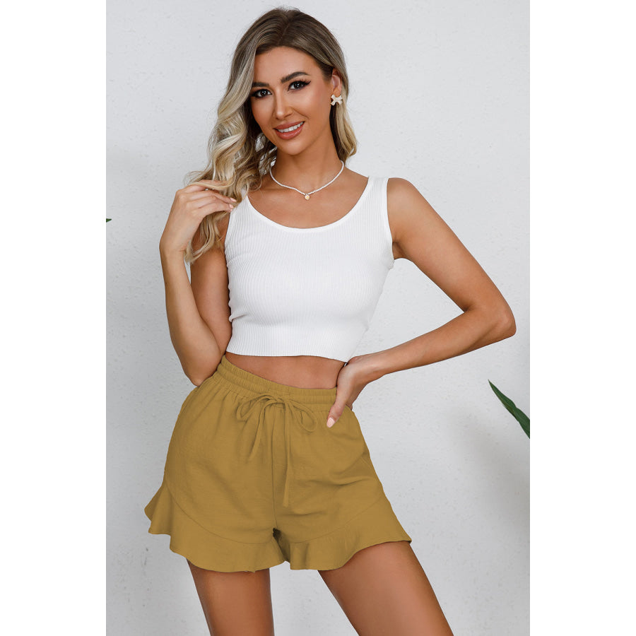 Full Size Drawstring Ruffle Hem Shorts Apparel and Accessories