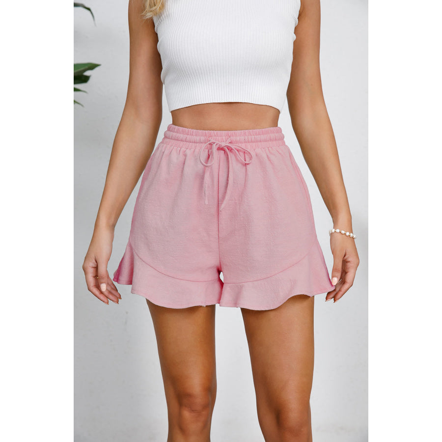 Full Size Drawstring Ruffle Hem Shorts Blush Pink / S Apparel and Accessories