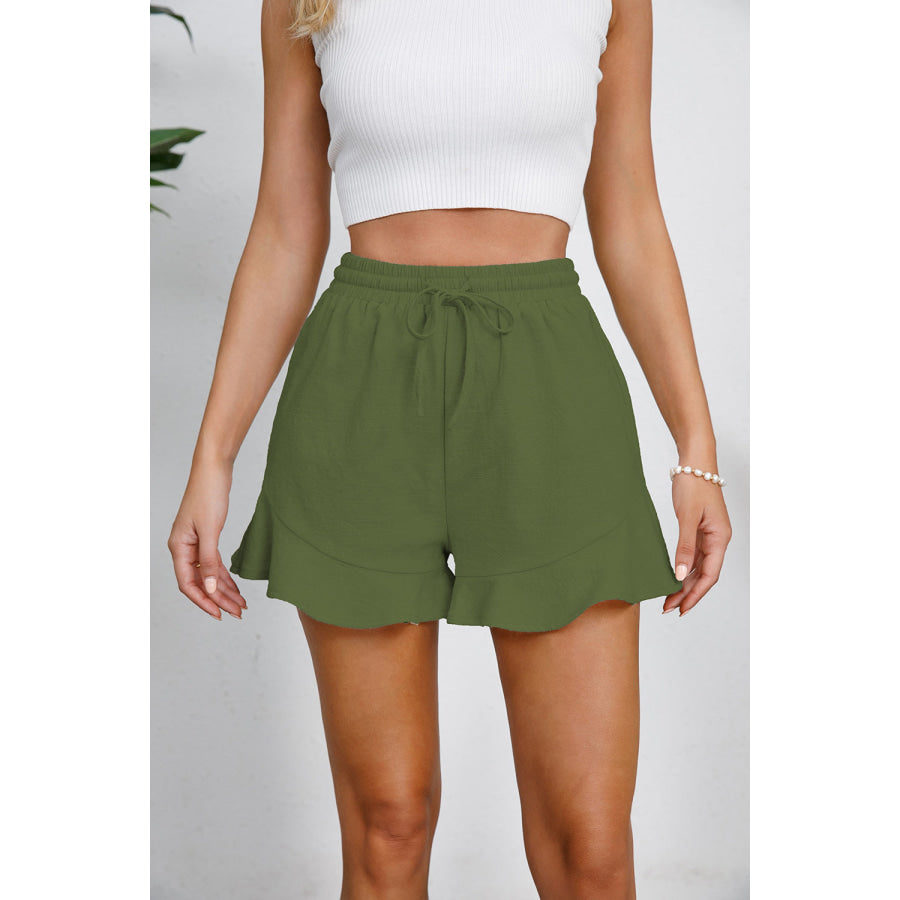 Full Size Drawstring Ruffle Hem Shorts Green / S Apparel and Accessories