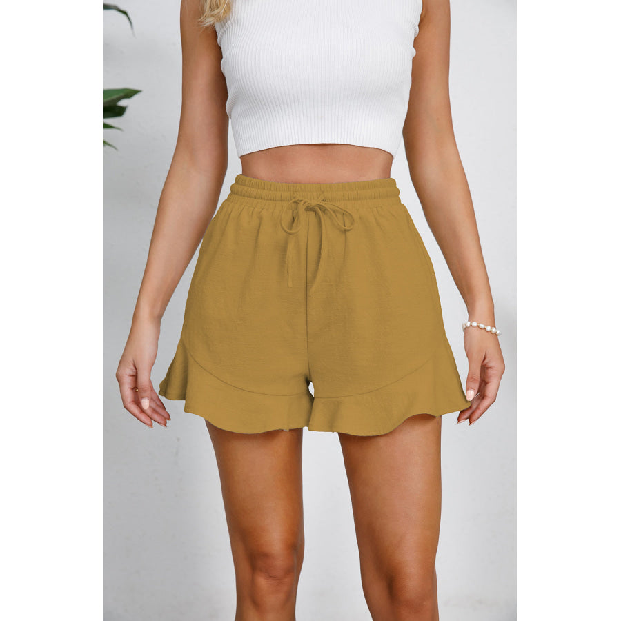 Full Size Drawstring Ruffle Hem Shorts Honey / S Apparel and Accessories