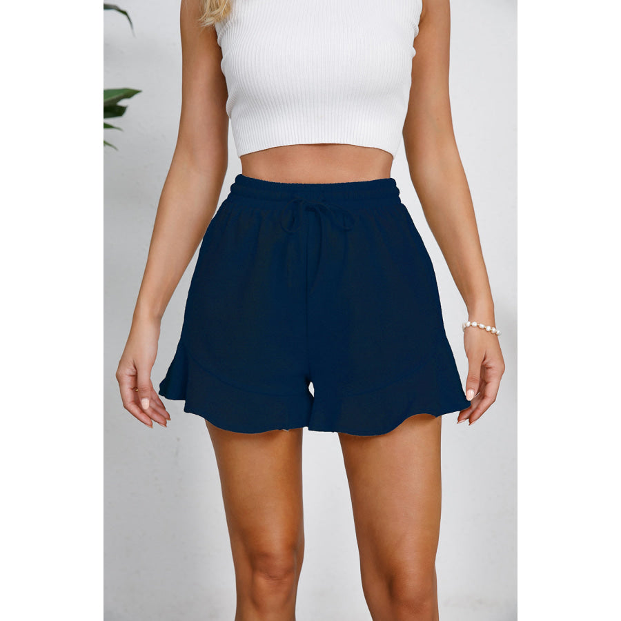 Full Size Drawstring Ruffle Hem Shorts Navy / S Apparel and Accessories