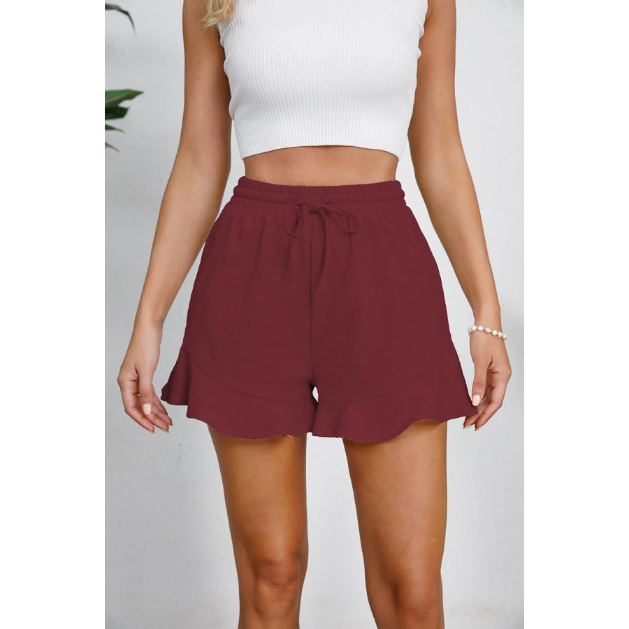 Full Size Drawstring Ruffle Hem Shorts Wine / S Apparel and Accessories